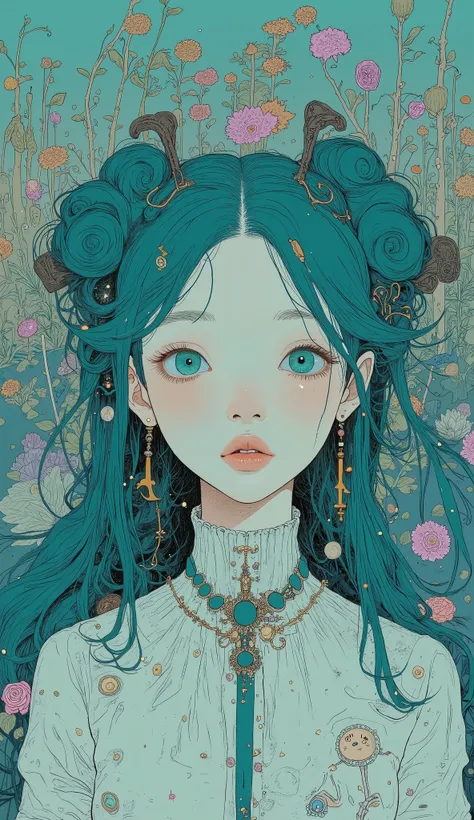  high resolution , masterpiece,  accurate,  top quality,  high resolution model,  high detail, Anatomically  accurate,  Face Up 、 Norman Rockwell &  Tim Burton style 、 Watercolor touch、blue-green hair color  、Thick lower lip、  Twin Tails、  1 girl、