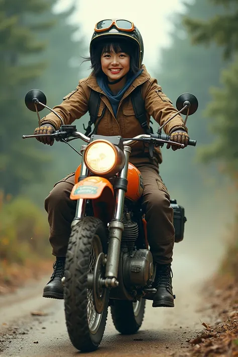 A beautiful Japanese beauty with a bright smile and short, messy black hair, wearing a flight jacket cargo pants, sturdy boots, Motocross Helmets , gloves block tires, vintage goggles, riding a sturdy motocross　motorcycle with tools on the back, front blin...