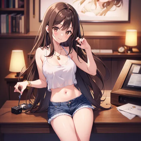 (masterpiece,  top quality,  Super Detail,  high resolution, 4K),( beautiful detailed eyes),( very elaborate face in a body of water),( 1 girl), high resolution, long hair,  shorts, Telephone,  brown eyes,  Hair, cellTelephone,  bracelets in the room,   ta...