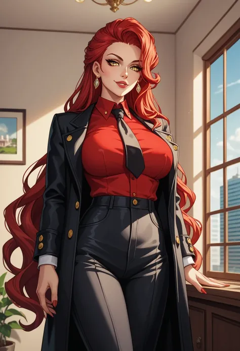  score_9, score_8_arriba, score_7_arriba,  score_6_arriba,    source   _animated, 1mature_FE, Only 1 woman ,   flirty look,   red hair face,  Very long hair ,  fine ironed hair  ,   yellow eyes , red shirt with sleeves   , black tie,  black coat ,  black p...