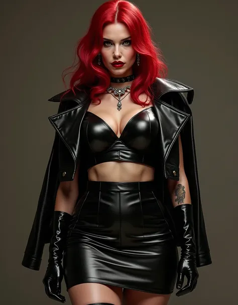  full length girl,  dominatrix in leather ,  leather minimalism high waist skirt,  boots above the knee ,  high-heeled boots with thick heels and a high sole platform ,  tight leather top ,  cropped leather jacket oversize ,  red hair straight ,  green eye...