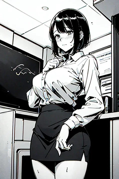 Line drawing, manga style, black and white, monochrome, clean smooth lines, masterpiece, one woman, white long sleeve business shirt, tight skirt, short hair, ((business shirt)), black hair, 30 years old, sweating on the face, Female announcer, blushing wi...