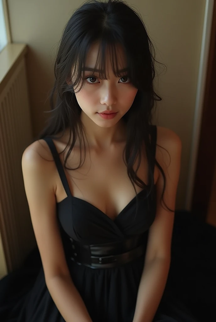 Documentary Photo  ，18 years old Japanese Idol Girl ，extremely beautiful ， big eyes，Kneel under the desk at the Hotel of Love  ，Wearing a black sexy wedding dress，Fully hydrated after bathing，Her long, dark hair hangs gently over her shoulders， hair slight...