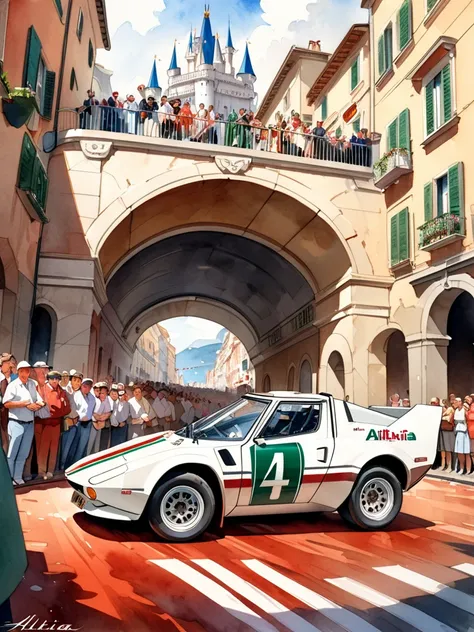 Light-toned watercolor painting、 A white Lancia Stratos from the 1980s drives at high speed on a narrow paved road 、Alitalia color  、 detailed body texture and luster  、  lots of sponsor logos on the body  、  red mud flaps on each wheel arch  、  passing th...