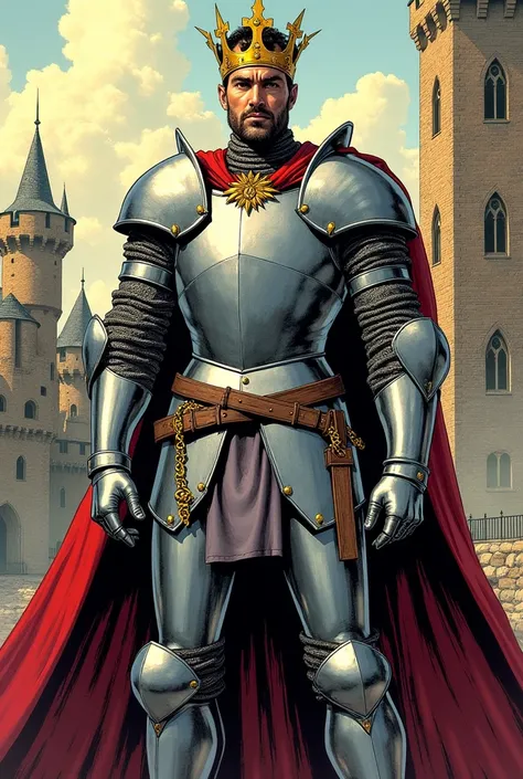 a man in a crown and cape standing in front of a castle, a comic book panel inspired by Brian Bolland, flickr, renaissance, ( ( barclay shaw ) ), wearing heavy armor with cape, covered in full silver armor, frank quitely, p. craig russell, 90s comic book c...