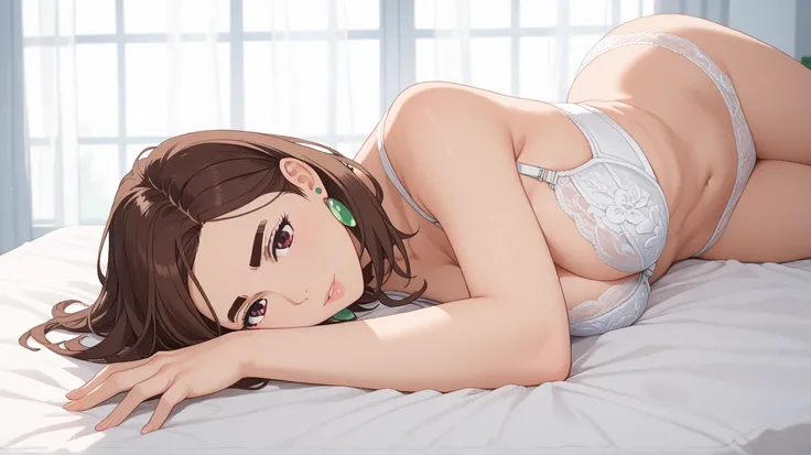 KJoMomo , brown hair, brown eyes, medium hair, parted bangs, thick eyebrows, green earrings, wearing a white bra and panties,alta resolución,  anatomically correct ,  The best quality ,  tall details,  high quality, senos medianos,  masterpiece, Lying down...