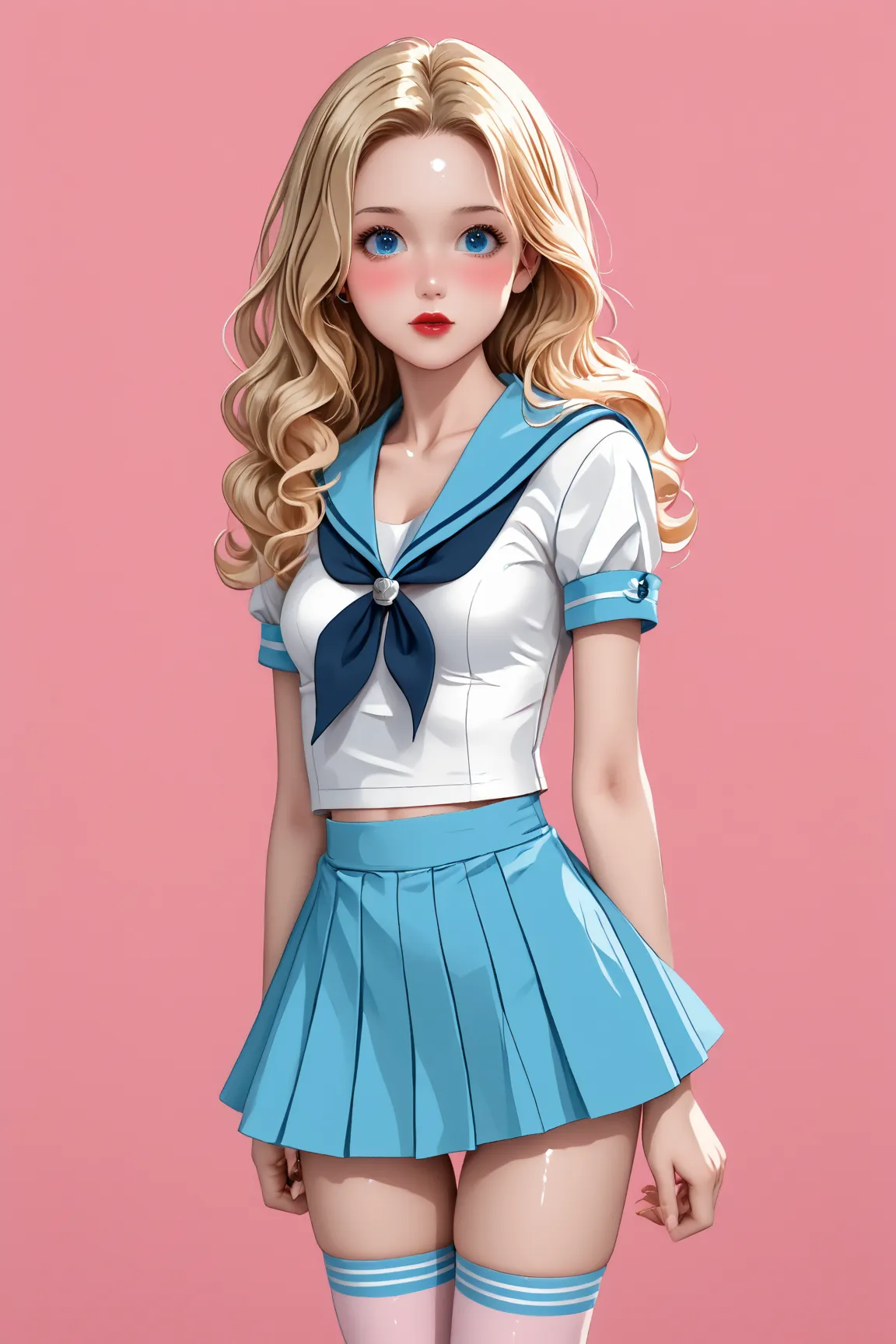 young japanese girl, blonde hair, blushing, Shy, Red lips, cute overload, pale face, sweet, small breasts, best quality, masterpiece, detailed, big expressive blue eyes, Slender、solid pink background, sailor suit, cleavage, slender legs, thigh highs, skinn...