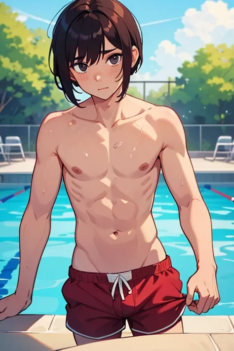 Cute, dainty man with a gay short bob and dark hair plays in the pool with his upper body naked in boxer shorts