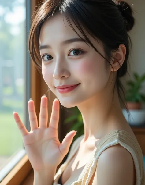 ( Portrait of a Super Cute Korean Nursery Teacher Waving to the Kindergarteners Coming Home:1.2)(Grinning,smile:1.2)( I'm happy:1.1)(16k,  RAW photos ,  top quality, masterpiece: 1.2),( cute bun hair with glossy black hair )  Super Detail,  Super Resolutio...