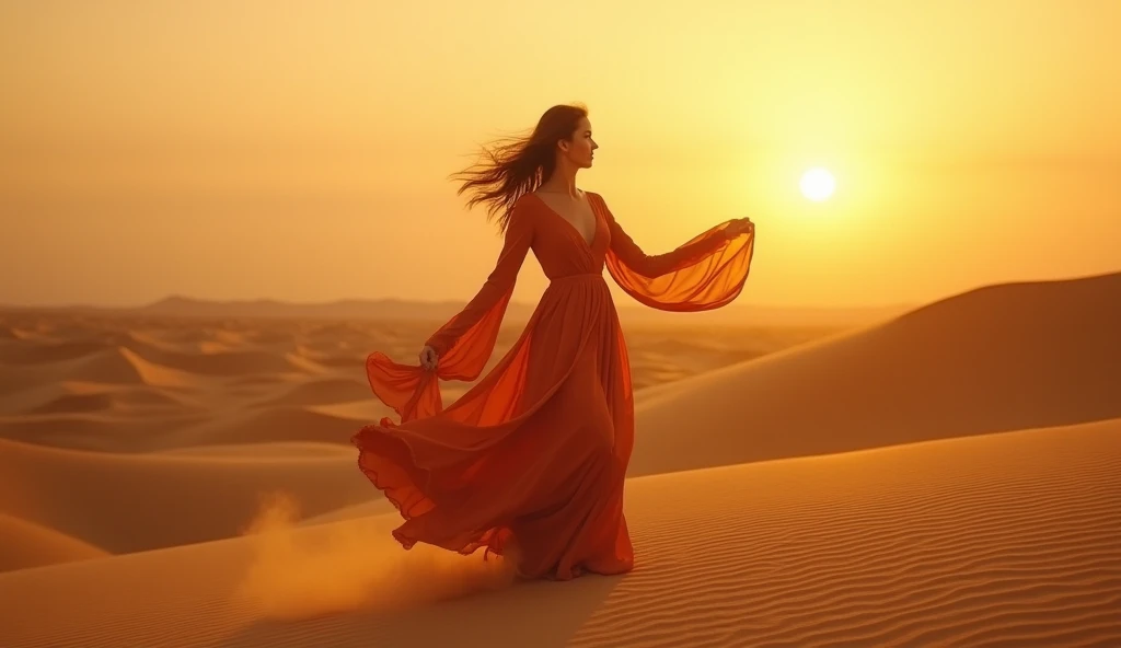 "Create a high-definition, ultra-realistic, and cinematic dynamic video of an elegant Arabic woman dancing in the desert at sunset. She wears a flowing traditional dress that moves gracefully with the wind. The golden sand dunes stretch endlessly behind he...