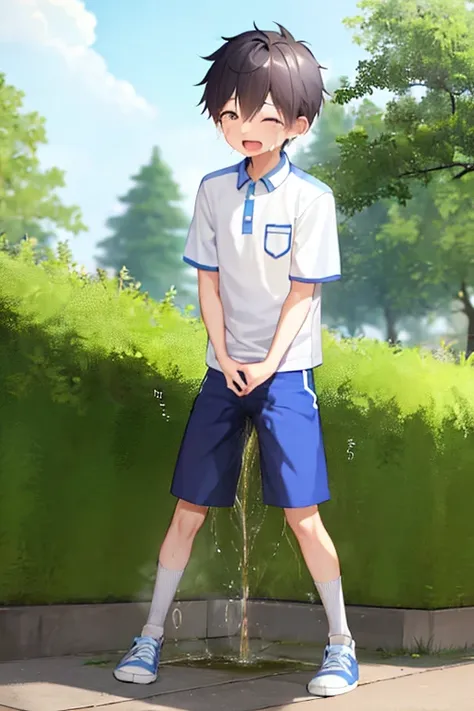 A little Chinese boy around ，Normal body shape is slightly thin，He wears light blue and white short sleeves，Light blue shorts, sneakers，Walking in the park。At this point he felt a great urgency to urinate，Cover your crotch tightly with your hands，But it's ...