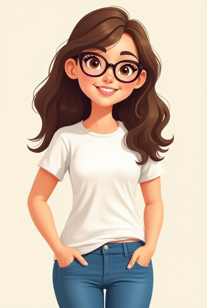  Cartoon of a 34-year-old girl, white,  of short stature , It weighs about 70 kilos, Long wavy brown hair, with glasses, brown eyes, franela white y pantalón azul