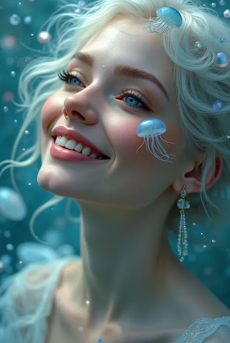 Goddess of love with expressive blue eyes and with a lot of laughter from jellyfish crossing her face 