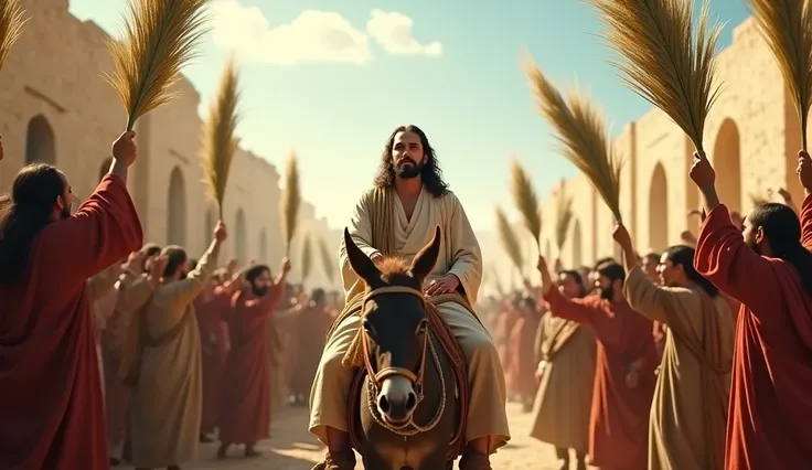 Jesus riding a donkey, entering Jerusalem as crowds greet you with palm branches and expressions of celebration."