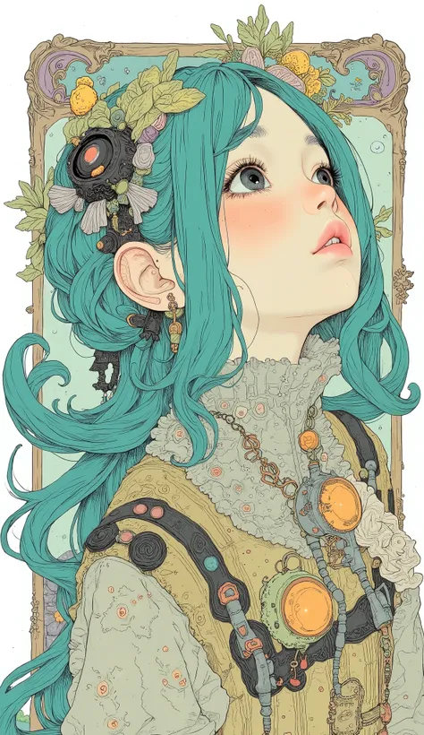  high resolution , masterpiece,  accurate,  top quality,  high resolution model,  high detail, Anatomically  accurate,  Face Up 、 Norman Rockwell &  Tim Burton style 、 Watercolor touch、blue-green hair color  、Thick lower lip、 profile、 looks up、 Twin Tails、...