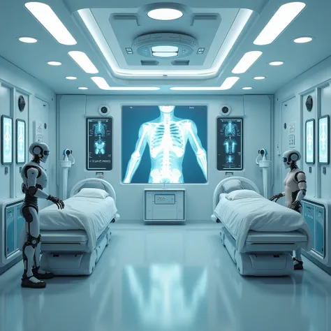 I want large futuristic room of an aid department for human patients in ergonomic beds with robotic arms emerging from each side. There’s a naked human lying on the bed and a droid watching to the screens on the wall with the x-rays of the human 