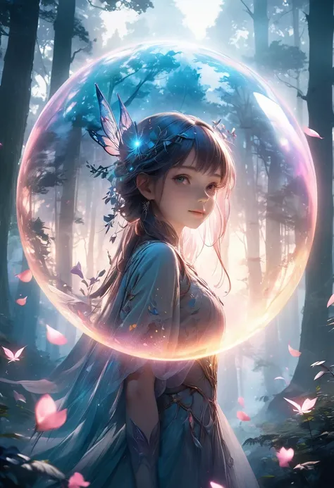 Mysterious forest shrouded in mist, ( Double Exposure Silhouettes: 1.2), A forest fairy floating gracefully,  Detailed Fantasy Characters ,  Floating Petals,  Glowing Orb ,  Magical atmosphere  ,   Ethereal Lighting  ,  vibrant colors,  cinematic compositi...