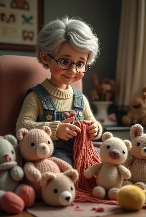 Grandma with glasses , short gray hair,  Knitting wool stuffed animals with more stuffed animals around realistic