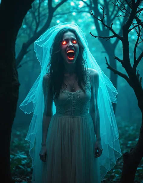 (best quality:1.5), (Masterpiece:1.2), Double Exposure. Medium shot. A fluorescent ghost overlaps a screaming young woman in a dark, mystical forest. Gothic, ominous lighting with deep shadows and vivid, surreal colors. Vibrant, dreamlike atmosphere with f...