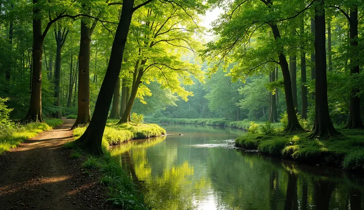 An idyllic forest scene featuring a serene river reflecting the lush green trees on its banks. A winding dirt path runs alongside the river, surrounded by tall, vibrant trees with sunlit foliage. The atmosphere is peaceful, with bright natural light filter...