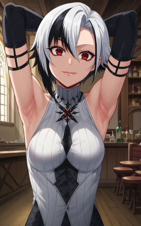 score_9, score_8_up, score_7_up, source_anime, anime screencap, 1girl, solo, arlecchino, white hair, black hair, eyebrows hidden by hair, red eyes, multicolored hair, short hair, bare shoulders, black gloves, white clothes, elbow gloves, jewelry, necklace,...