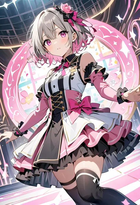 Gray Hair、Gray Hairに毛先はピンク、Black Live Outfit 、黒い knee high sock、  pink ribbon 、 AKB, Idol Costume、White medium hair with pink tips 、Pink hair with pink tips、 Pink Long Sleeve Dress、Beautiful Absolute Realm  、whole body、白く  short hair 、Beautiful Absolute Re...