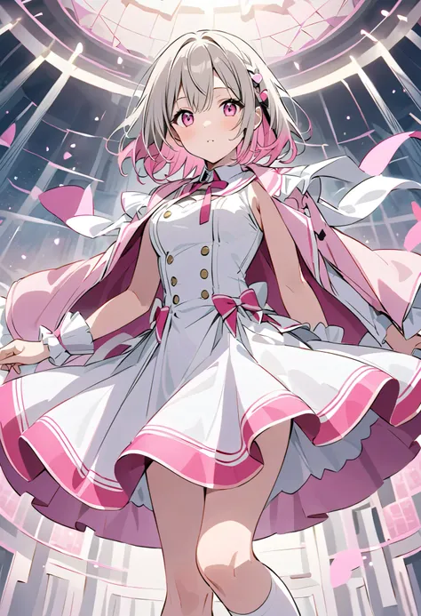 Gray Hair、Gray Hairに毛先はピンク、 Pink Long Sleeve Dressロングスカート、 pink ribbon がついたWhite knee socksックス、Ruffles on shoulders、 pink ribbon 、 Idol Costume、White medium hair with pink tips 、Pink hair with pink tips、 Pink Long Sleeve Dress、Beautiful Absolute Realm ...