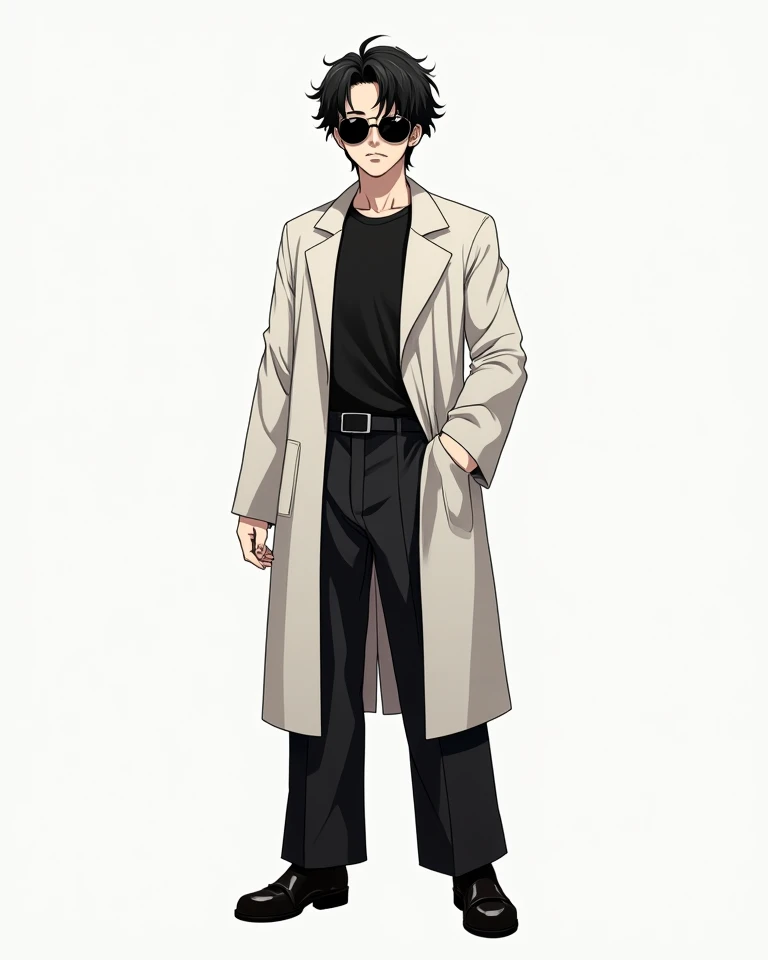 A  Fullbody Halfbody Picture of a old handsome Anime Mature black haired Manga boy,goggles covering eyes,white long trench coat, black circle neck shirt, black Long pants, black dress shoes, Nanami Kento Goggles,rounded framed glasses