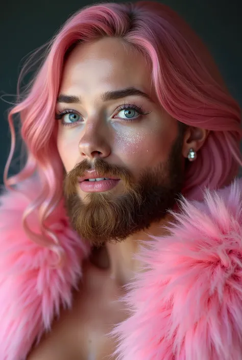 Ultra-Realistic, Precision portrait, a young american bearded woman, female face with a natural beard and mustache, with pink hair, wears massive animal pink fur, dress underneath down till luxury heel shoes, entire excess hairy shoulders exposed, beautifu...