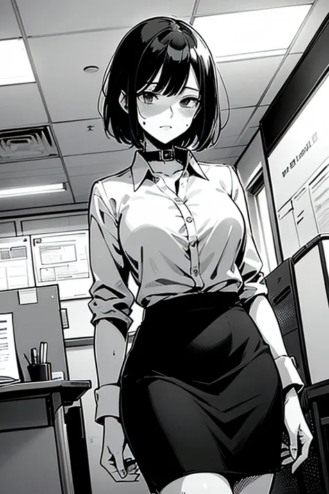 Line drawing, manga style, black and white, monochrome, clean smooth lines, masterpiece, one woman, white long sleeve business shirt, tight skirt, short hair, ((business shirt)), black hair, 30 years old, sweating on the face, wearing a collar, Office work...