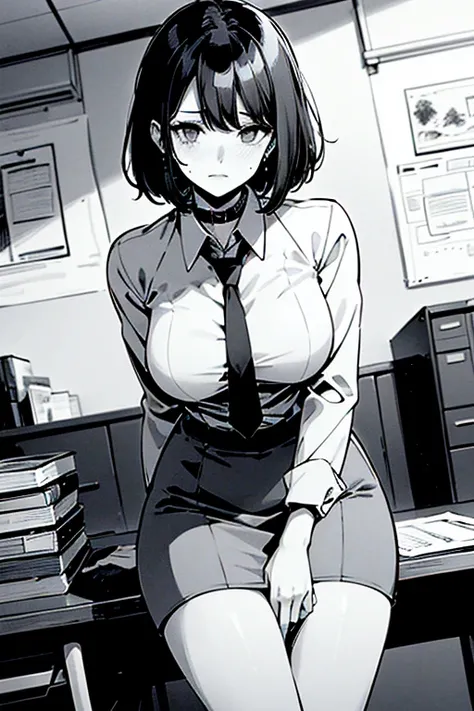 Line drawing, manga style, black and white, monochrome, clean smooth lines, masterpiece, one woman, white long sleeve business shirt, tight skirt, short hair, ((business shirt)), black hair, 30 years old, sweating on the face, wearing a collar, Office work...