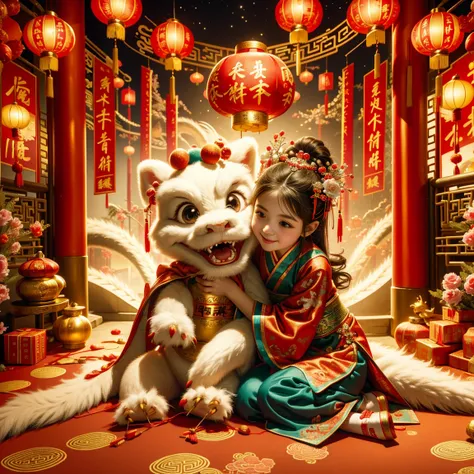 1 girl hugging cute little chinese dragon, ancient chinese little princess, chinese baby dragon, cute, festive, chinese lunar new year, firecrackers, fireworks