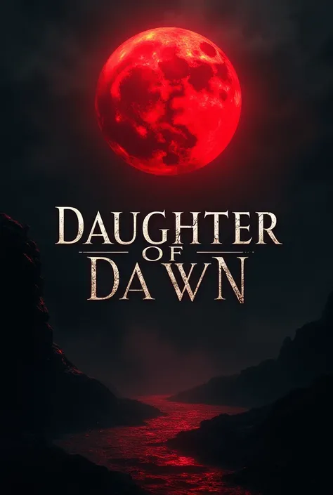  book cover ,  black background,  the title is  "Daughter of Dawn", Symbol of a Bloody Sun, stylized white letters .