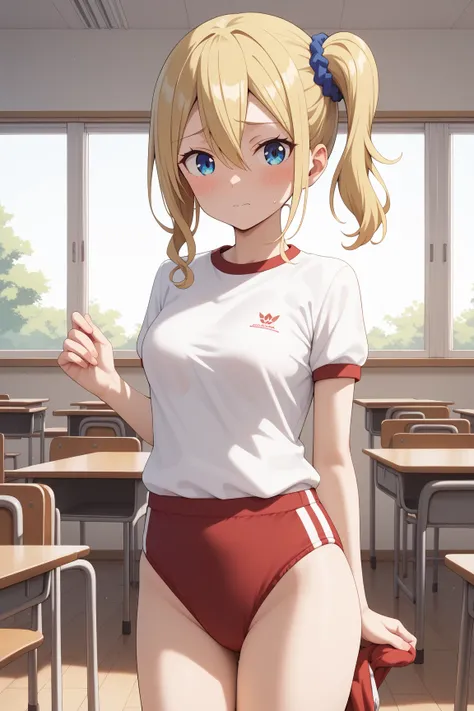 masterpiece,best quality,{{detailed beautiful face and eyes}}, very detailed background,
Ai Hayasaka,{{{megami magazine}}},long hair,blonde hair,{{left side ponytail:1.8}},blue scrunchie,hair scrunchie,hair between eyes,sidelocks,medium breasts,
gym unifor...