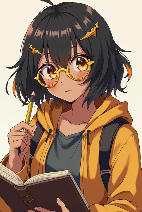 Anime girl with black brown skin , with brown and yellow eyes and shoulder-length black hair and orange tips with yellow glasses and clothes, some ornaments on his head and with one hand he has the sketchbook and in the other hand he has a pencil.