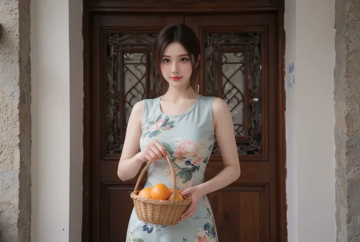 A good-looking Chinese girl, about 25 years old, with short hair, wearing an antique Chinese dress, short sleeves, short legs, white skin, sexy, smiling face, stands in front of the door of the house, in her hand, holding a small wicker basket containing 4...