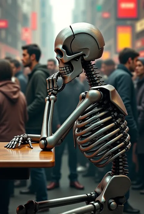 Image of a steel skeleton sitting with its elbows on the table and hand on its chin in the middle of a crowd walking in the same direction