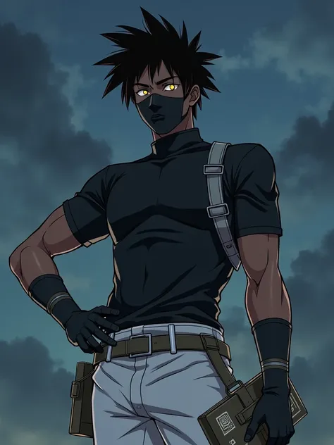  anime style,Black-skinned adult men, yellow eyes,black spiky hair,simple short sleeve tight black blouse,Ninja mouth mask ,Long wristband,grey book holder strap,white military pants,gray military boot,Black and white ferret,night