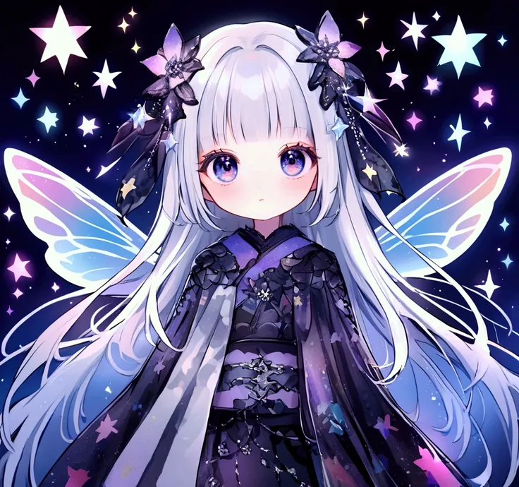 black　Milky white and blue bangs peeking out 、 each eye has 3 eyelashes 。. Shine; Sparkling　 glitter、Star Fairy、 small translucent fairy wings grow from the waist、Space pattern goth kimono 、 cute、