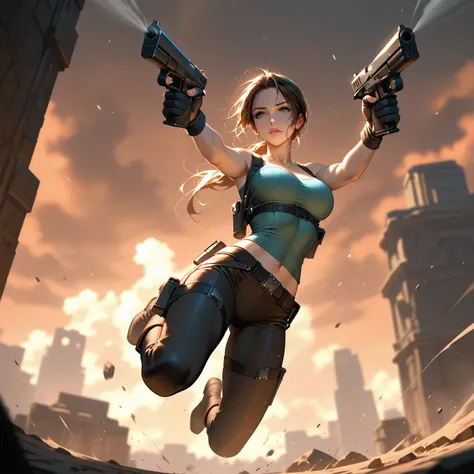 lara croft, tomb raider, jumping through air, shooting guns, guns akimbo