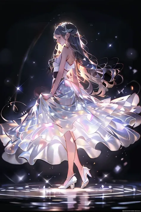   Starry sky ,Dancing on the lake , １ girls with light makeup, ((   very big breasts :1.3)),     long hair ,   gray hair  ,    Swaying in the Wind髪,      so cute    ,     slim ,   Petite and small with minimal clothing  ,    ,  ((  Pale blue、Pale purple、  ...