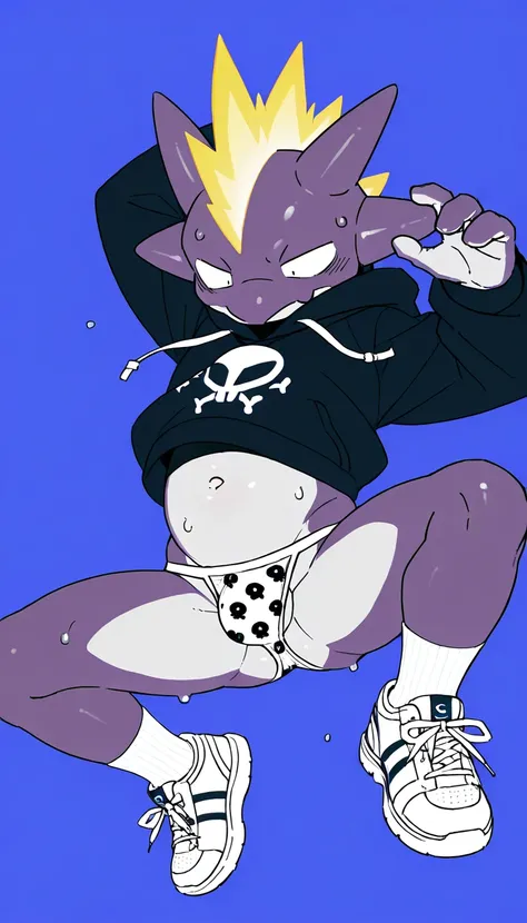 Highest quality,blue Toxtricity male wearing white micro underwear,skull pattern panties,belly style hoodie,gay,cute,sneakers,white socks,large bulging crotch,dynamic pose,navel,sweat,embarrassing,indoor