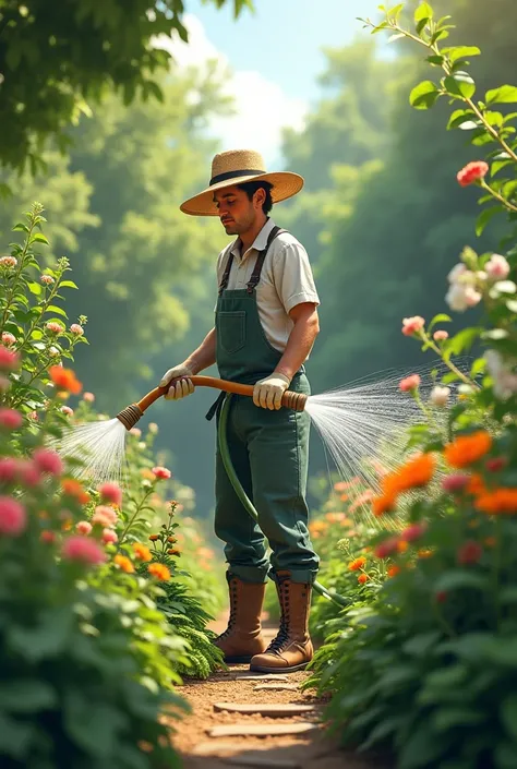 a person watering plants with a hose