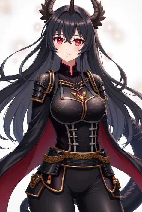 ( maximum quality,   best quality,  official art , beautiful and aesthetic:1.2) female,  dragon girl from the anime ,  fair skin ,  with only a dragon horn located on her forehead, black number,  Chinese-style long black hair ,  red eyes,  black Japanese a...