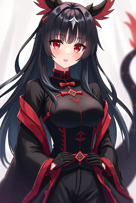 ( maximum quality,   best quality,  official art , beautiful and aesthetic:1.2) female,  dragon girl from the anime ,  fair skin ,  with only a dragon horn located on her forehead, black number,  Chinese-style long black hair ,  red eyes,  black Japanese a...