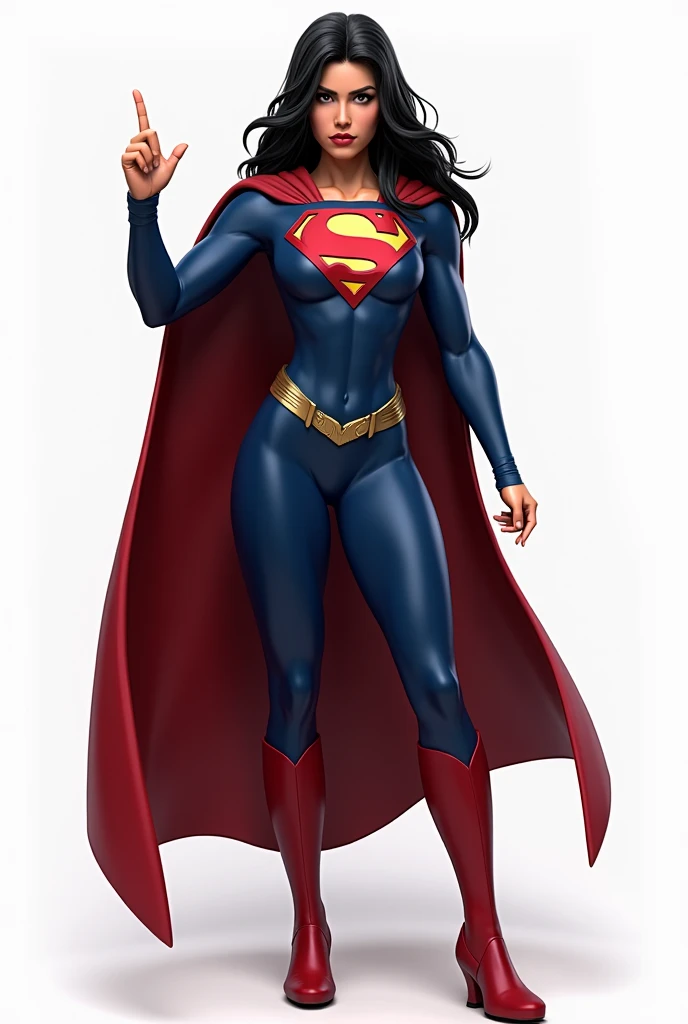 Black-haired Supergirl ,  raises one hand to the side and points with her finger.  white background