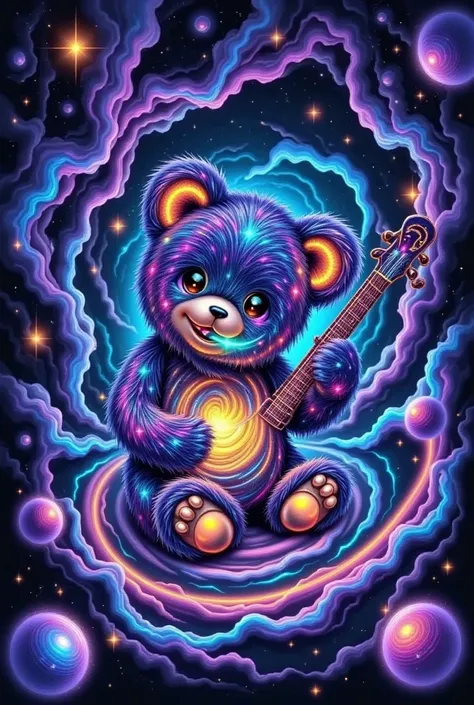  Psychedelic teddy bears wearing flamboyant, iridescent clothing and ornate, swirling headpieces, play a variety of glowing, ethereal instruments, surrounded by a halo of shimmering, cosmic energy, set against a vibrant, spiraling galaxy with tendrils of p...