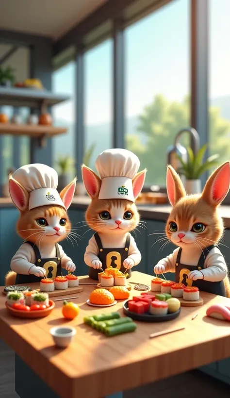 Cats and rabbits prepare sushi rolls in a modern kitchen with seaweed, rice and vegetables all over the table.