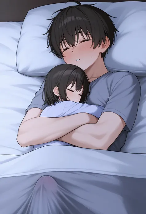 (macro size: 1.3), bed, 1boy,  laying in bed, sleeping, 1girl, (miniature woman in front of a giant boys face and chest), penis, (tight hug: 1.1)