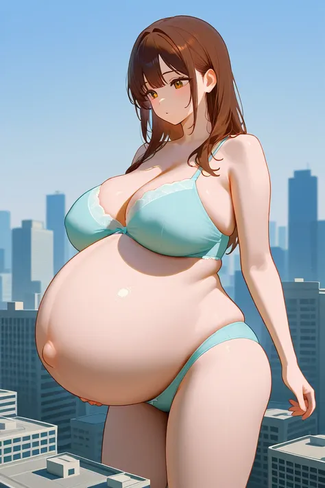  high resolution,  top quality,  high image quality model,  big breasts, Pregnant women, Very Big Stomach , brown hair, giant,City